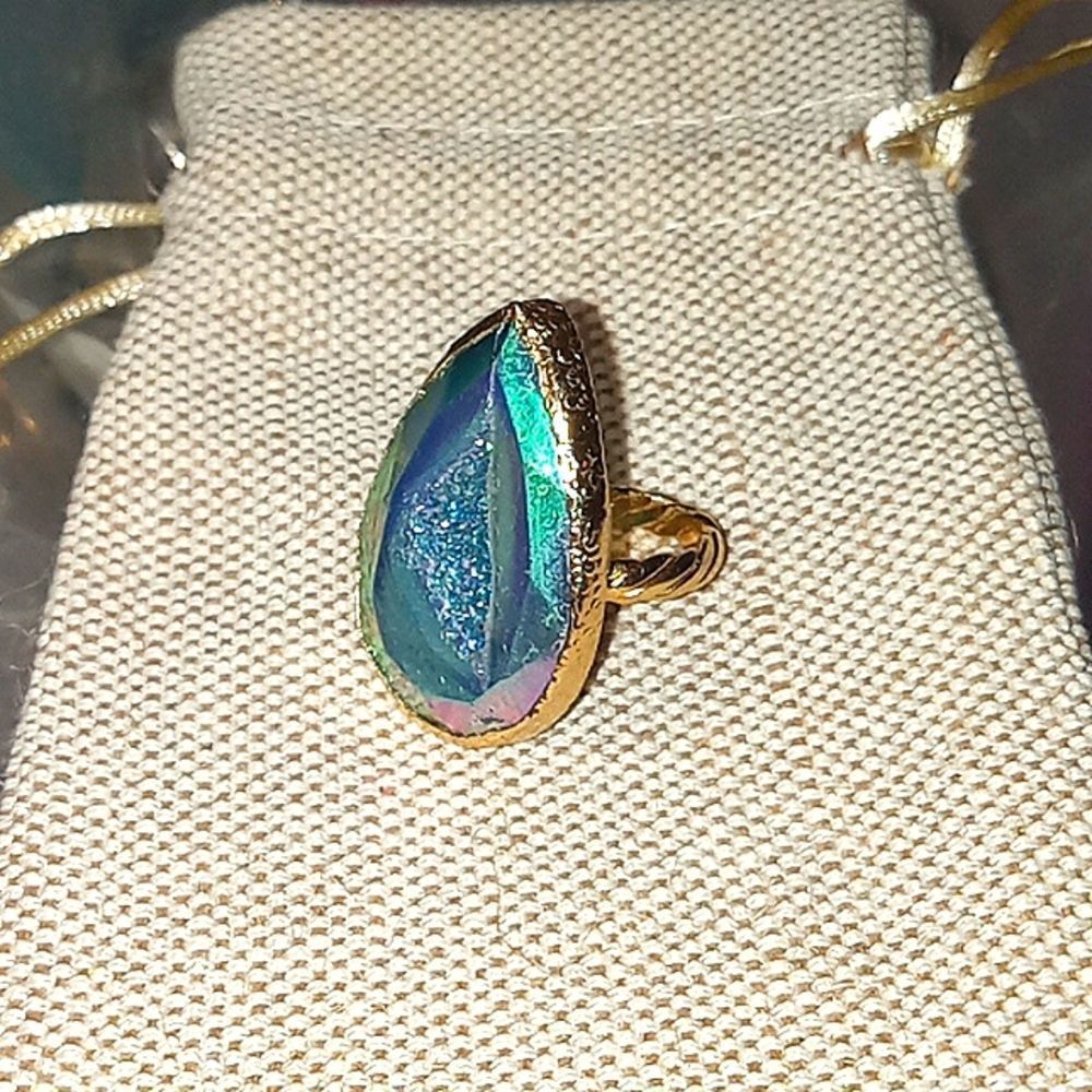 Yosca Gorgeous Aura Quartz Gold Plated New Tear Drop Ring